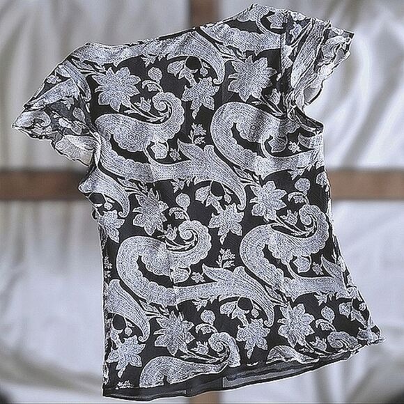Planet silk crêpe chiffon monochromatic paisley ruffle blouse size M - Picture 4 of 11